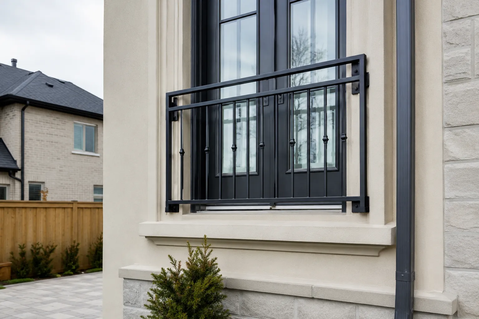 Completed Juliet Balcony Railings installation in Maple by The Grate Guys