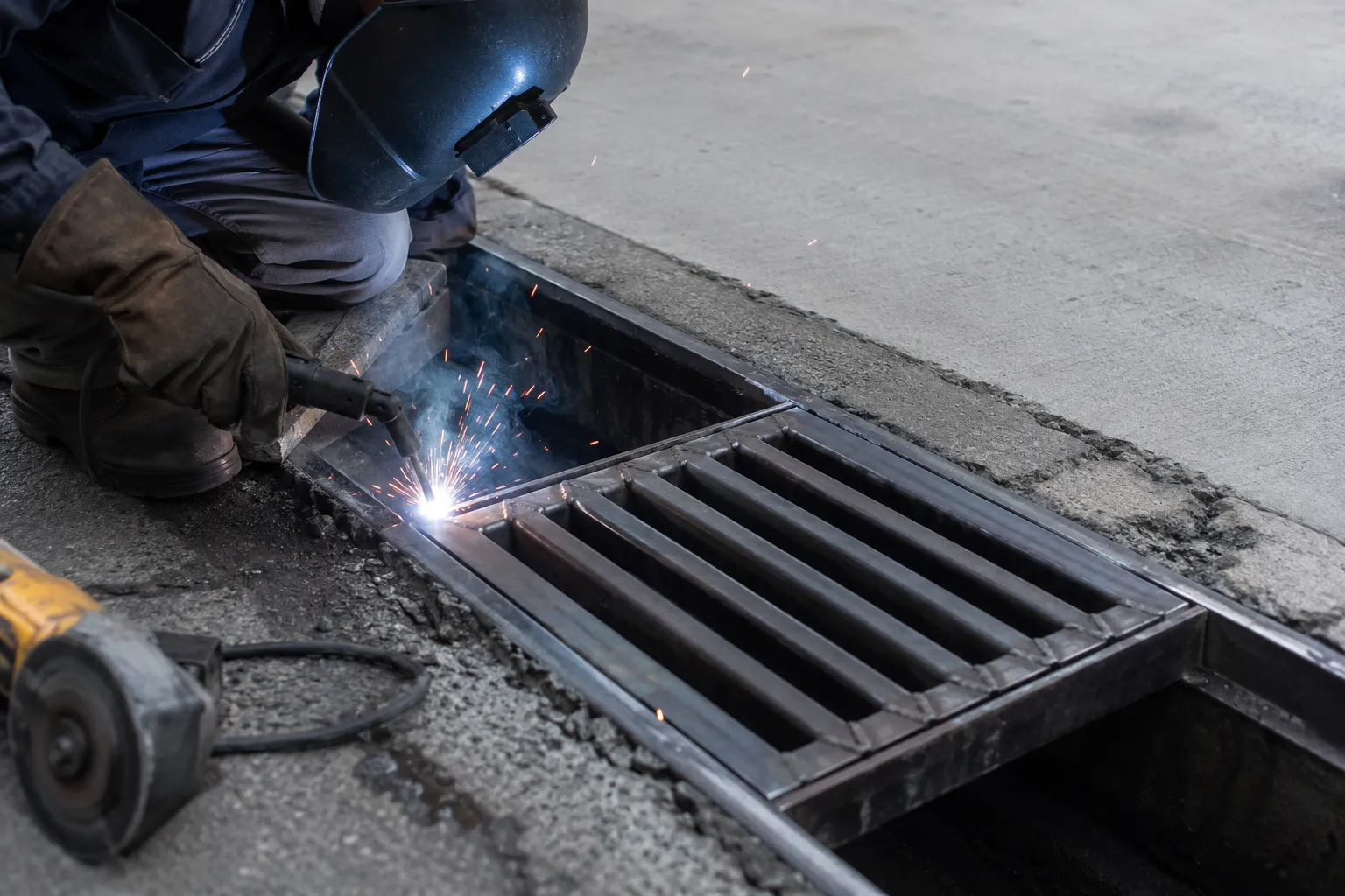 Parking Lot Drainage and Grate Repair in Maple being fabricated and installed by The Grate Guys